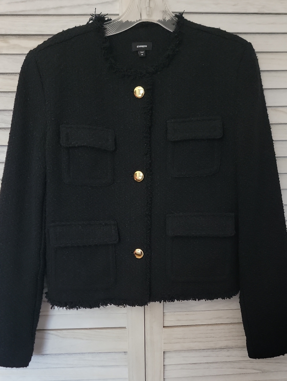 Express Black Collarless Tweed Crop Jacket Gold Buttons